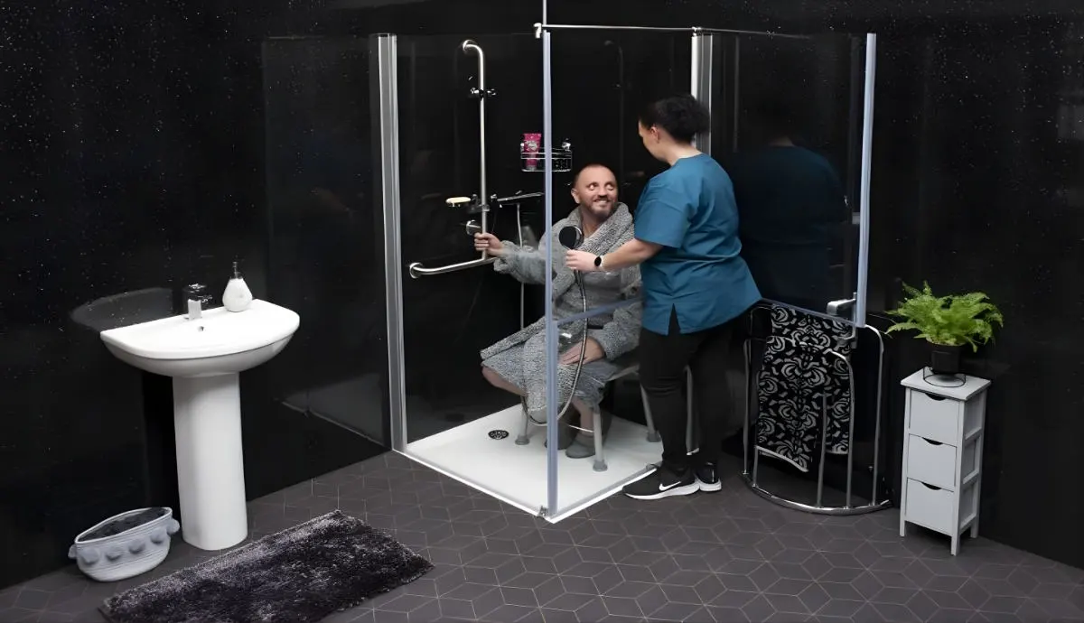 AWS Liberation made-to-measure split-level glass shower enclosure