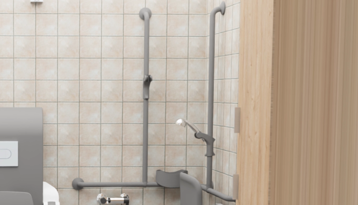 Angled accessible bathroom grab rail
