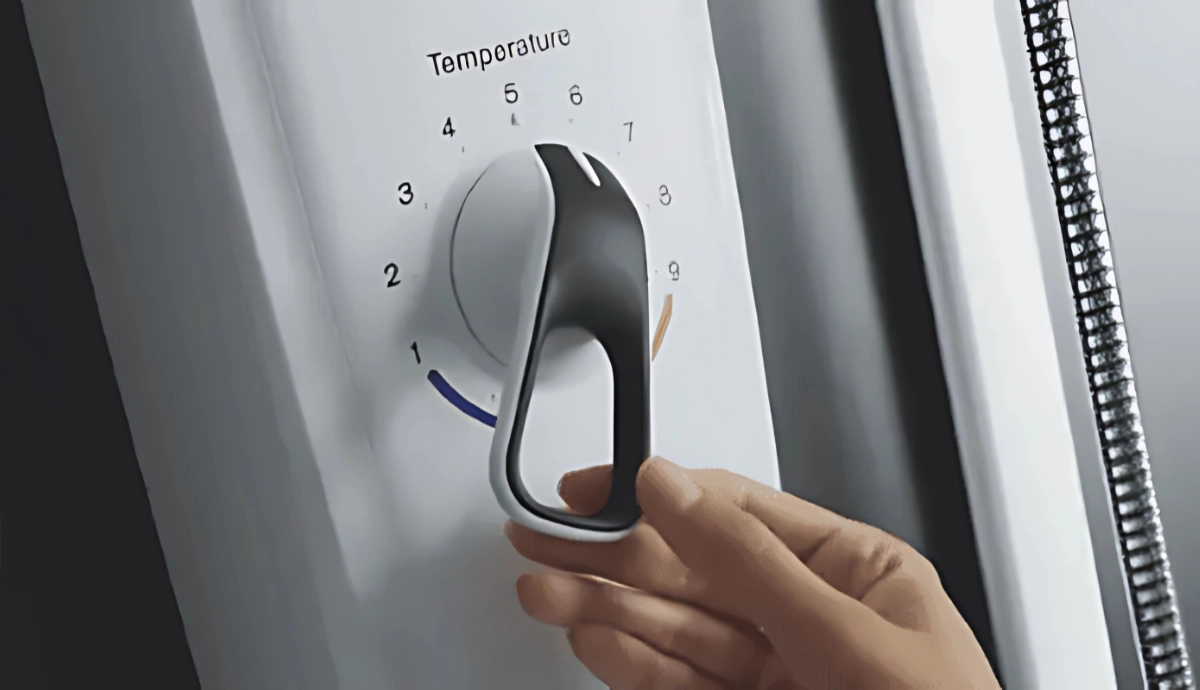 Accessible thermostatic electric shower with large controls and adjustable shower rail