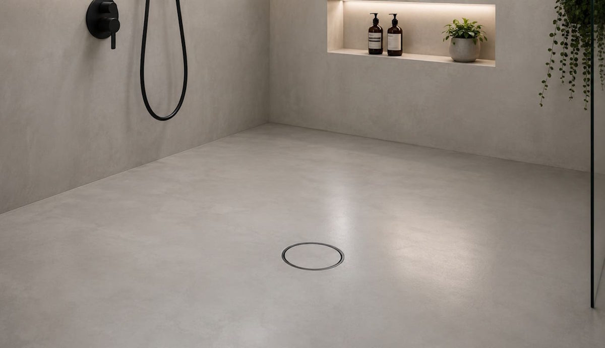 Level-access wet room floor with a floor former and drain