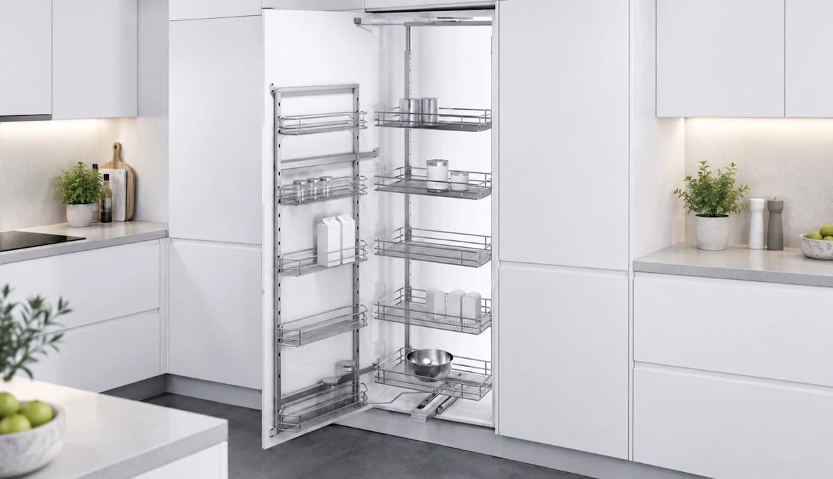 Pull-out pantry larder storage fitted inside a tall kitchen cabinet