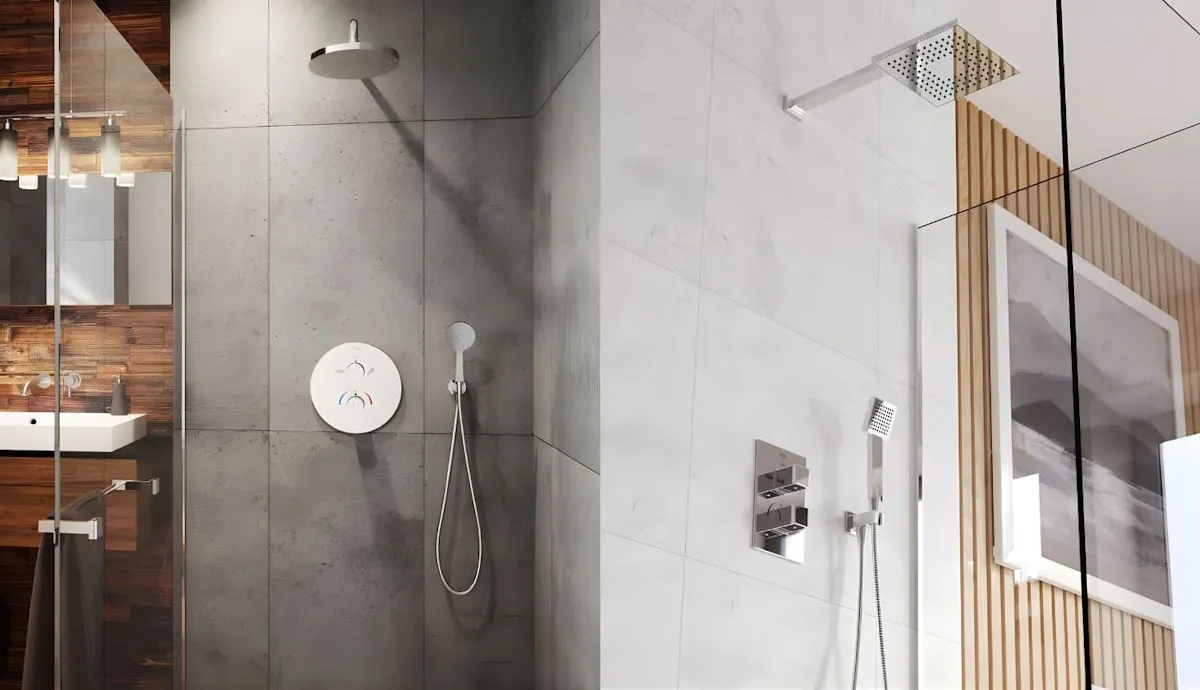 Methven overhead rain shower head in a contemporary shower