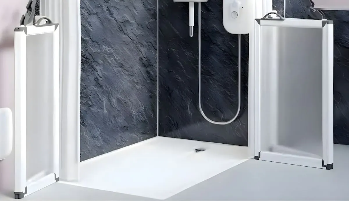 Level access shower tray recessed flush into the bathroom floor