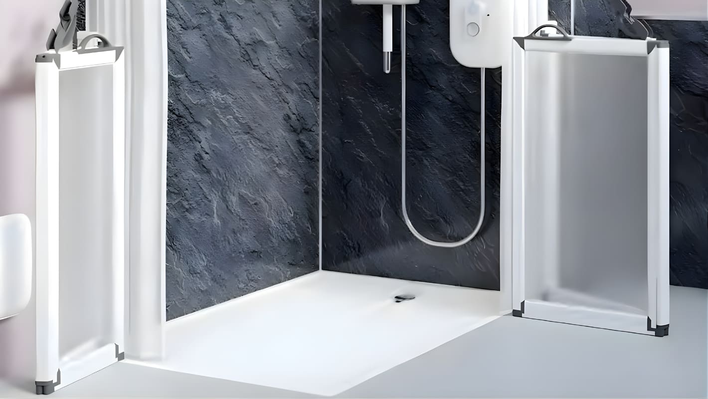 Level-access shower tray fitted flush with surrounding floor