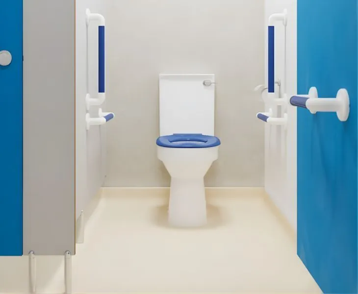 Accessible toilet area with wall hung WC pan, backrest and support accessories