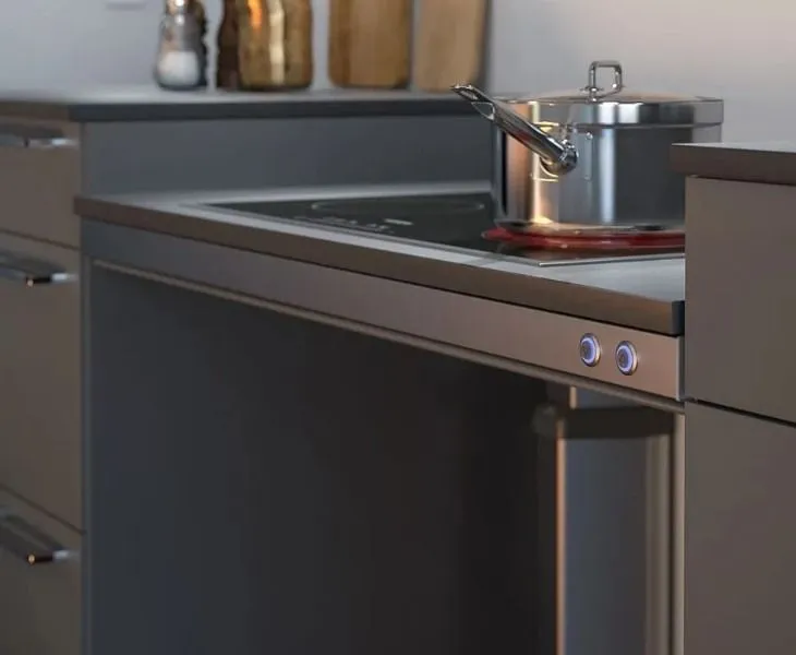 Granberg Baselift LA height adjustable kitchen worktop with integrated cooking hob