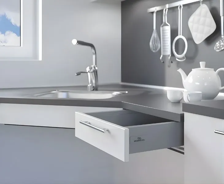 Granberg Baselift Corner worktop showing adjustable working surface and front safety edge