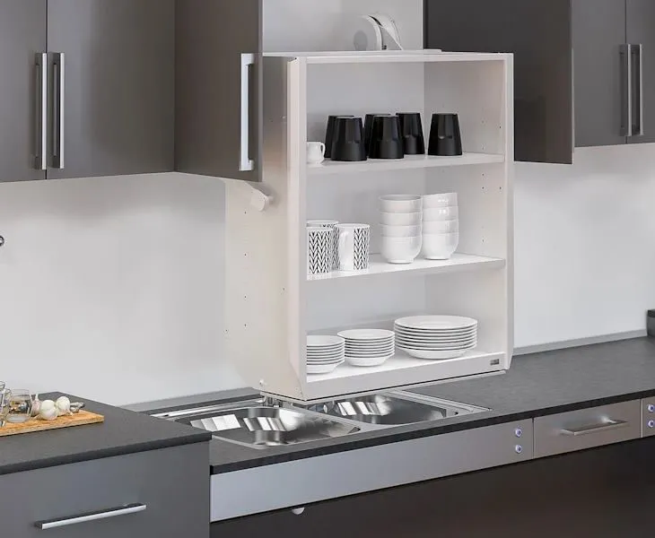 Granberg InDiago 510 shelves lowered diagonally from a kitchen wall cabinet