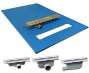 Maxxus Linear Former with Purusline Living Vinyl Plus – PVD Brushed Brass Chess Design Grate | Multiple Sizes & Outlet Options