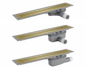 Purus Line Living Plus 1000mm Linear Drain, Vinyl Floor, PVD Brushed Brass Chess Design Grid – Outlet Choice