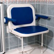 AKW Advanced Wall Mounted Extra Wide Bariatric Fold-up Moulded Blue Padded Seat w/ Support Legs, Padded Arms & Back