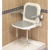 AKW Advanced Wall Mounted Extra Wide Bariatric Fold-up Moulded Seat w/ Support Legs Grey Padded Seat Back & Arms