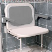 AKW Advanced Wall Mounted Extra Wide Bariatric Fold-up Moulded Seat w/ Support Legs, Back & Grey Padded Arms