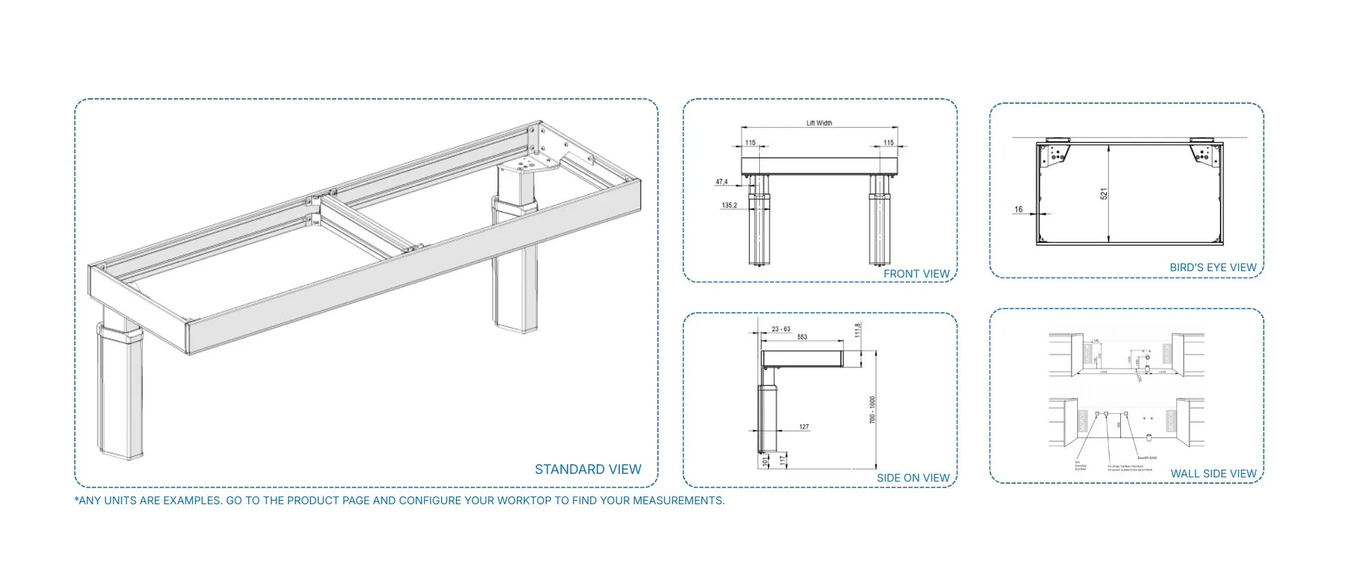 Height adjustable worktops technical drawings
