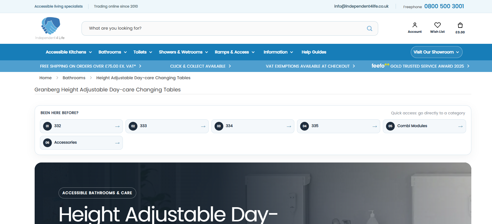 Height Adjustable Day-care Changing Tables page showing Quick Access category links