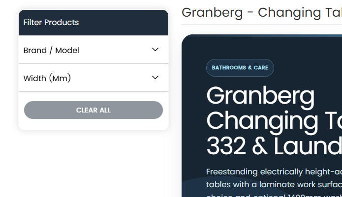 Filter Products panel showing Brand Model and Width filter groups