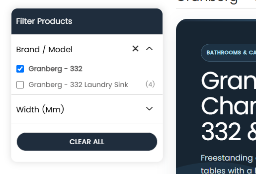 Expanded Brand Model filter showing Granberg 332 selected