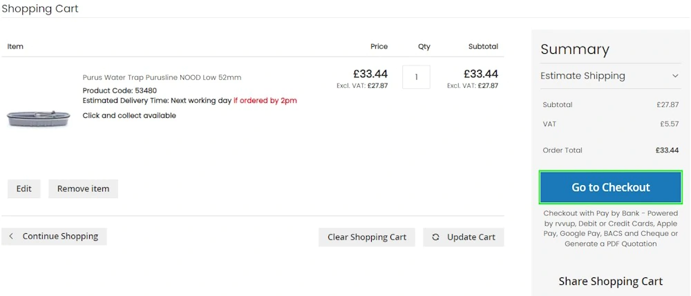 Shopping cart showing product totals with and without VAT