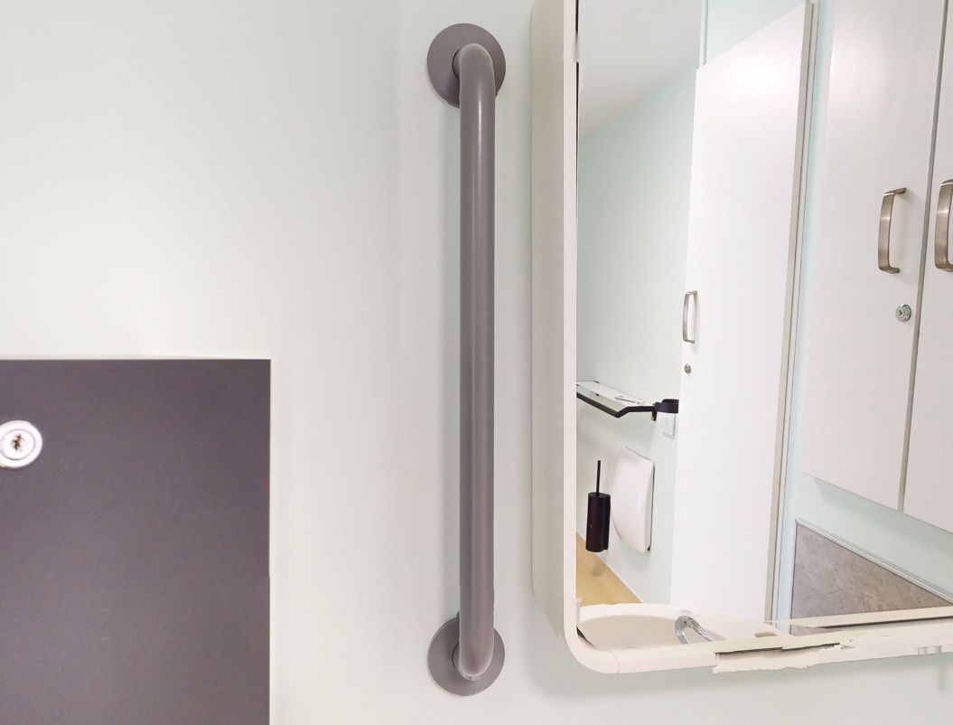 Pressalit PLUS grab rails beside the accessible washbasin and mirror