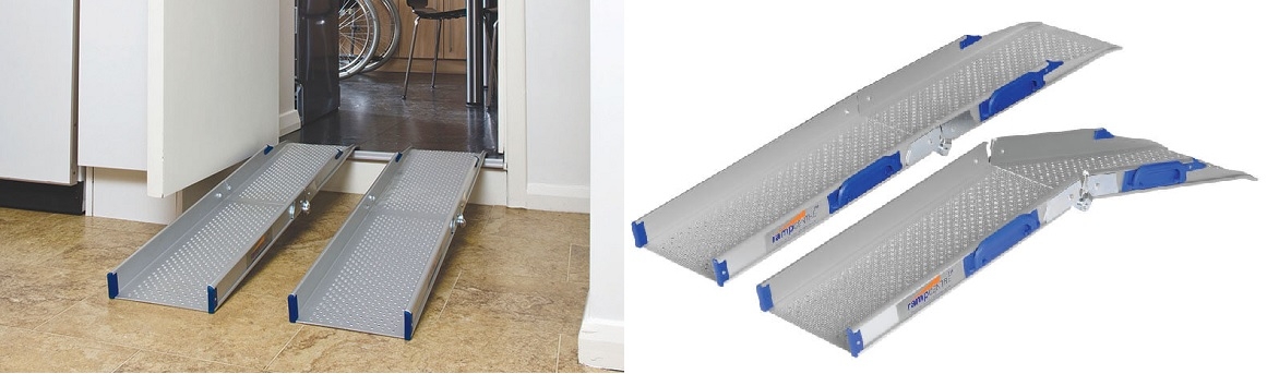 Installed example of the Channel Ramos in a narrow door and to the left a CGI render of the the Channel Ramps
