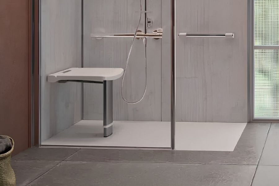 Stylish folding shower seat in a contemporary bathroom