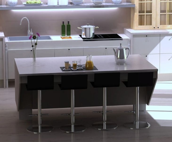 A kitchen island lift made into a breakfast bar