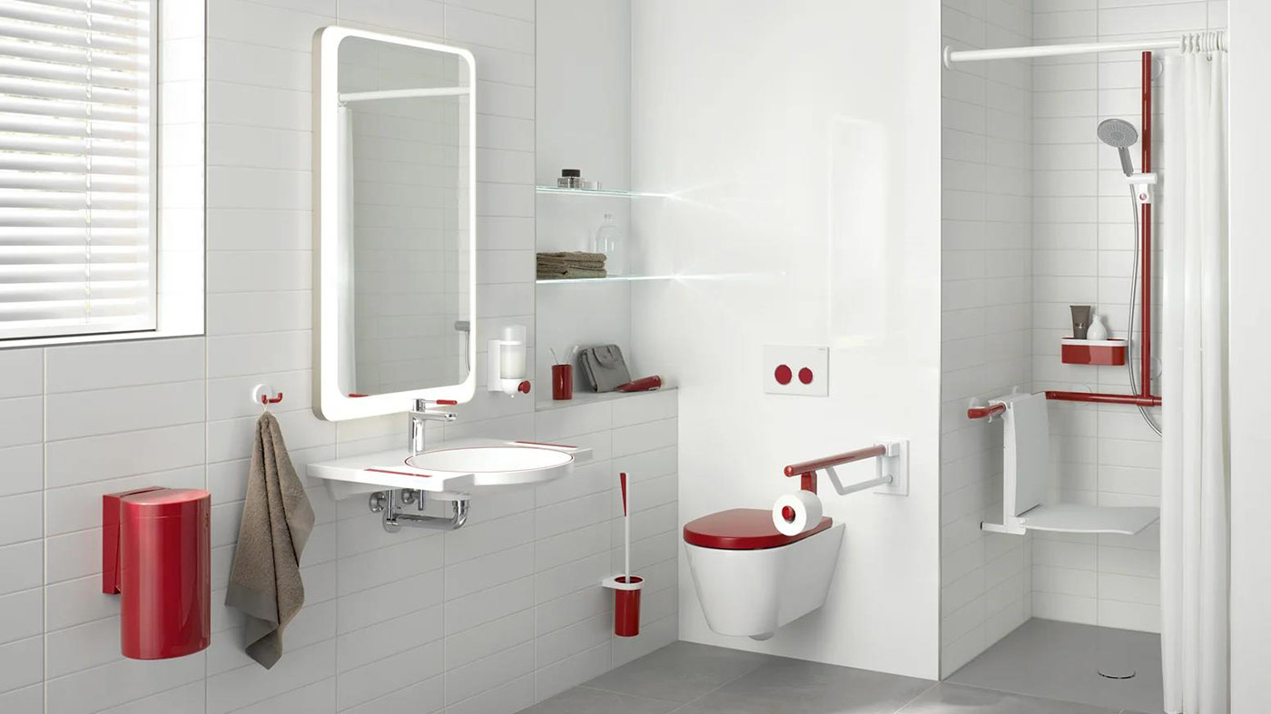 An accessible bathroom with many grab rails