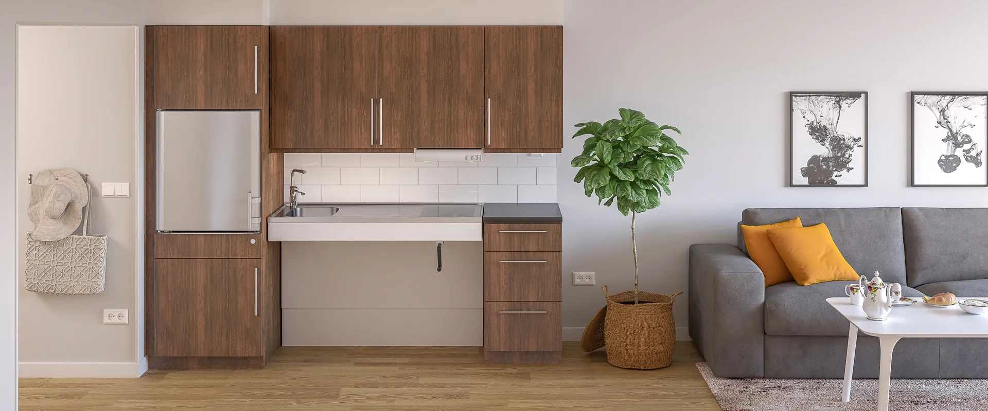 A crank-operated worktop lift in a beautiful kitchen setup