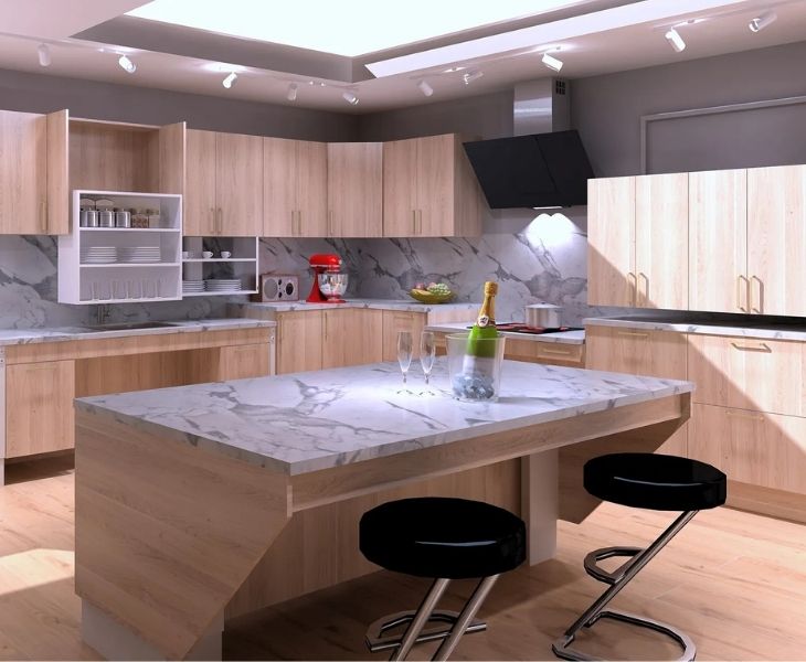 A kitchen island lift in a stylish accessible kitchen