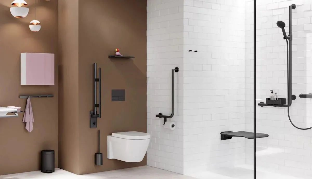 HEWI System 900 shower grab rail with magnetic shower holder
