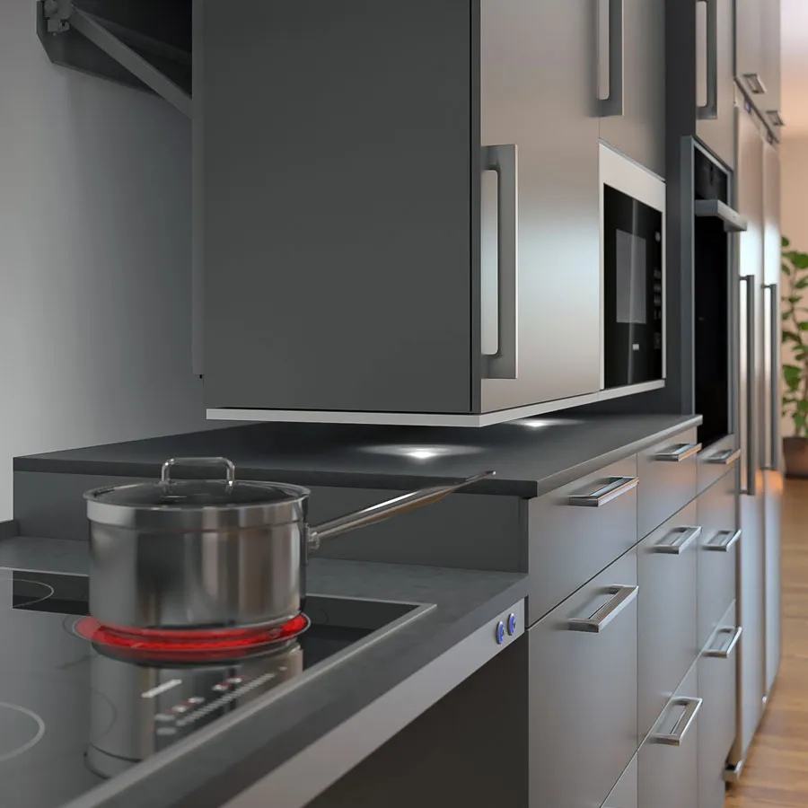 Stylish lowered kitchen wall cabinet shelves