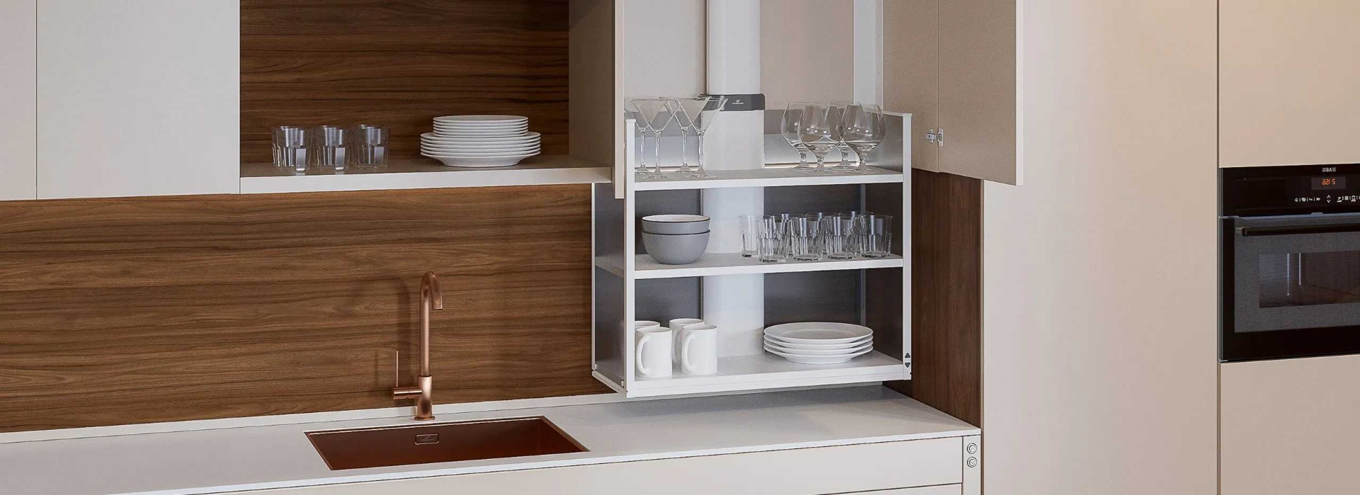A height-adjustable wall cabinet installed in a designer kitchen
