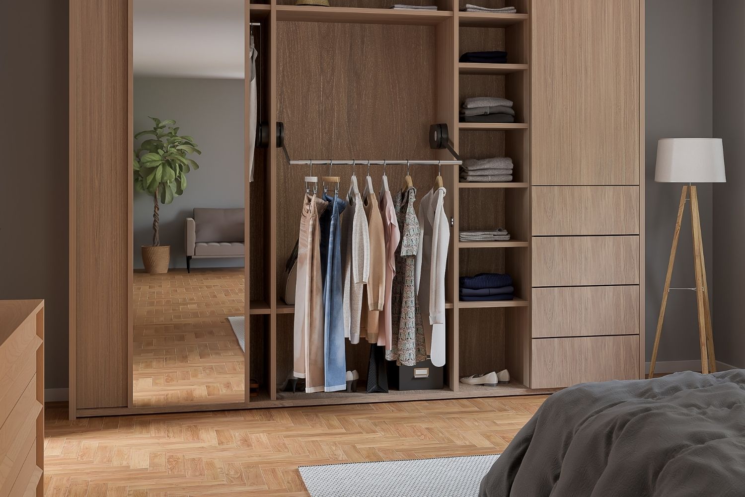 Granberg BUTLER electric fold down wardrobe rail in a contemporary wardrobe