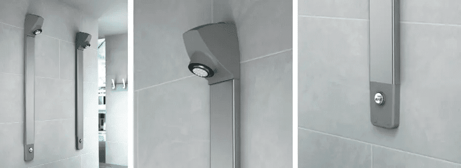 Examples of installed Inta i-Sport Shower Panel with Push Button Timed Flow Control and Adjustable Shower Head