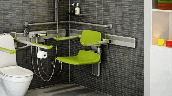 Pressalit PLUS Shower Seat 450, Manually Height and Sideways Adjustable, wall track mounted. Lime Green colour 