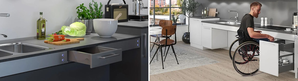 Granberg Baselift 6300HA Straight Height Adjustable Worktop Lift, with Anodised Aluminium Front, Drawer, and Rear Edge Trim. Sidelift 6400 with a Hanging Cabinet in use