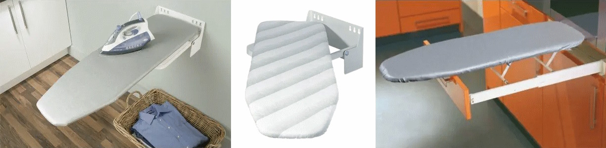 Wall and drawer mounted folding ironing boards
