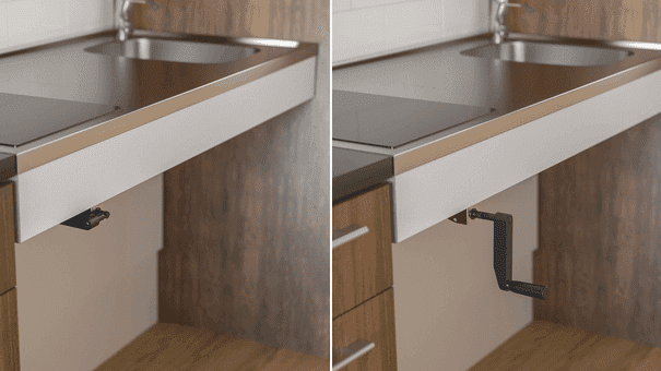 Granberg Manulift 6350HA, manual winding worktop lift with folding winding handle open and folded away