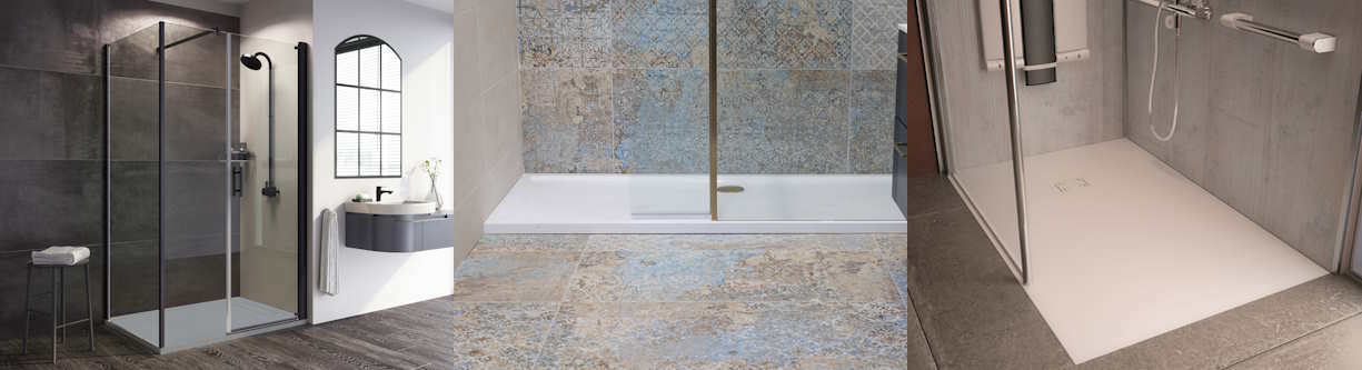 Roman Infinity Slate Tray in Grey with shower enclosure, Roman Rectangular Anti-Slip Tray in White and OnyxExclusifTray in White, with Onyx Shower Seat and a fixed glass wet room screen.