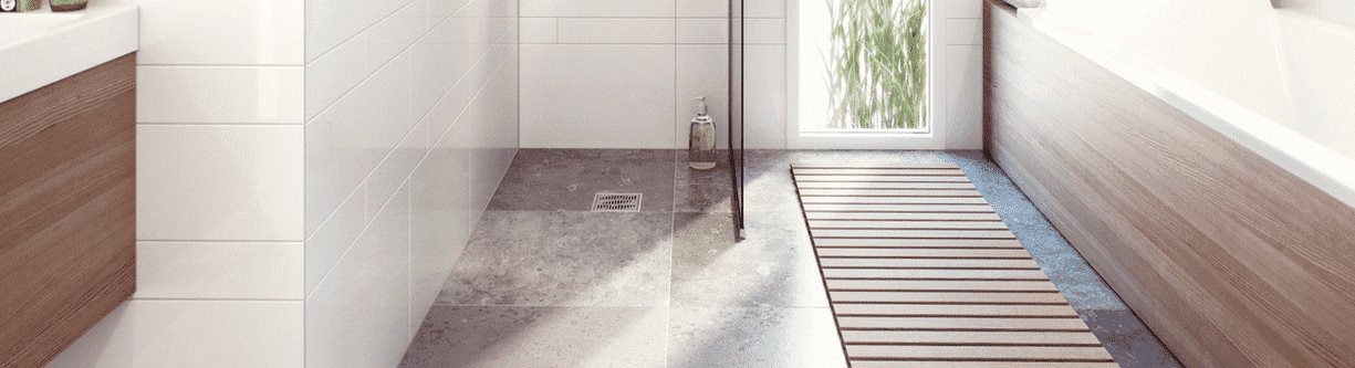 Installed example of Purus Tile Adapter, Stainless Steel Tile Insert for Floor Gullies
