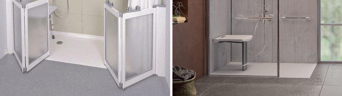 Installed example of Eagle Level Access Shower Tray with White inline twin bi-folding half height shower doors, AKW Onyx Exclusif white shower tray with fixed glass side panel.