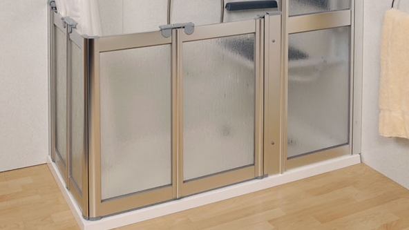 Contour aluminium Luxe half height shower doors with PET glazing - Installed example