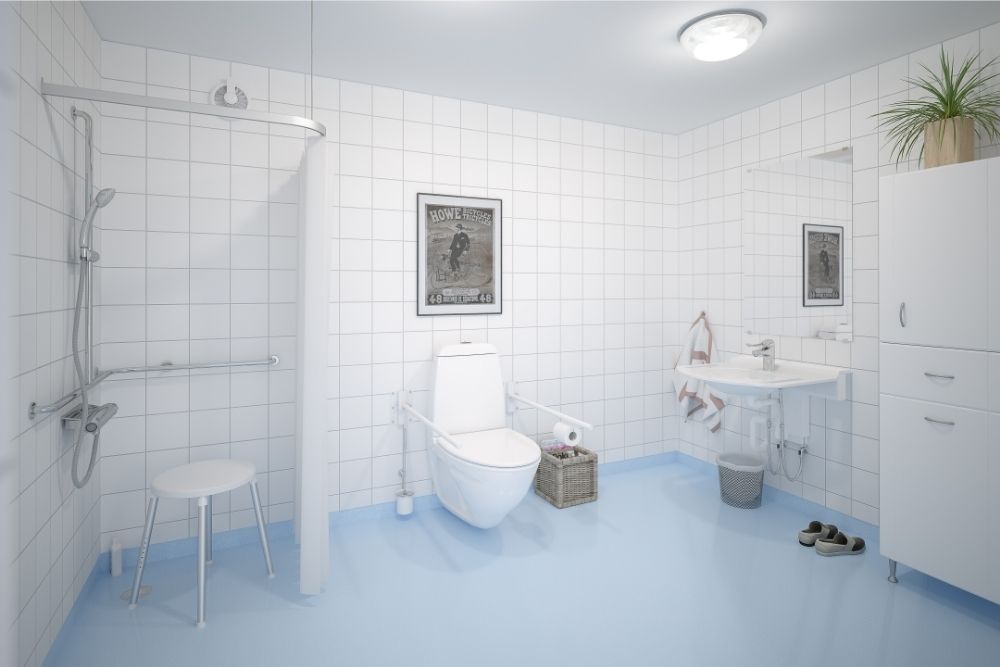 Contemporary accessible bathroom with adjustable washbasin and discreet support features