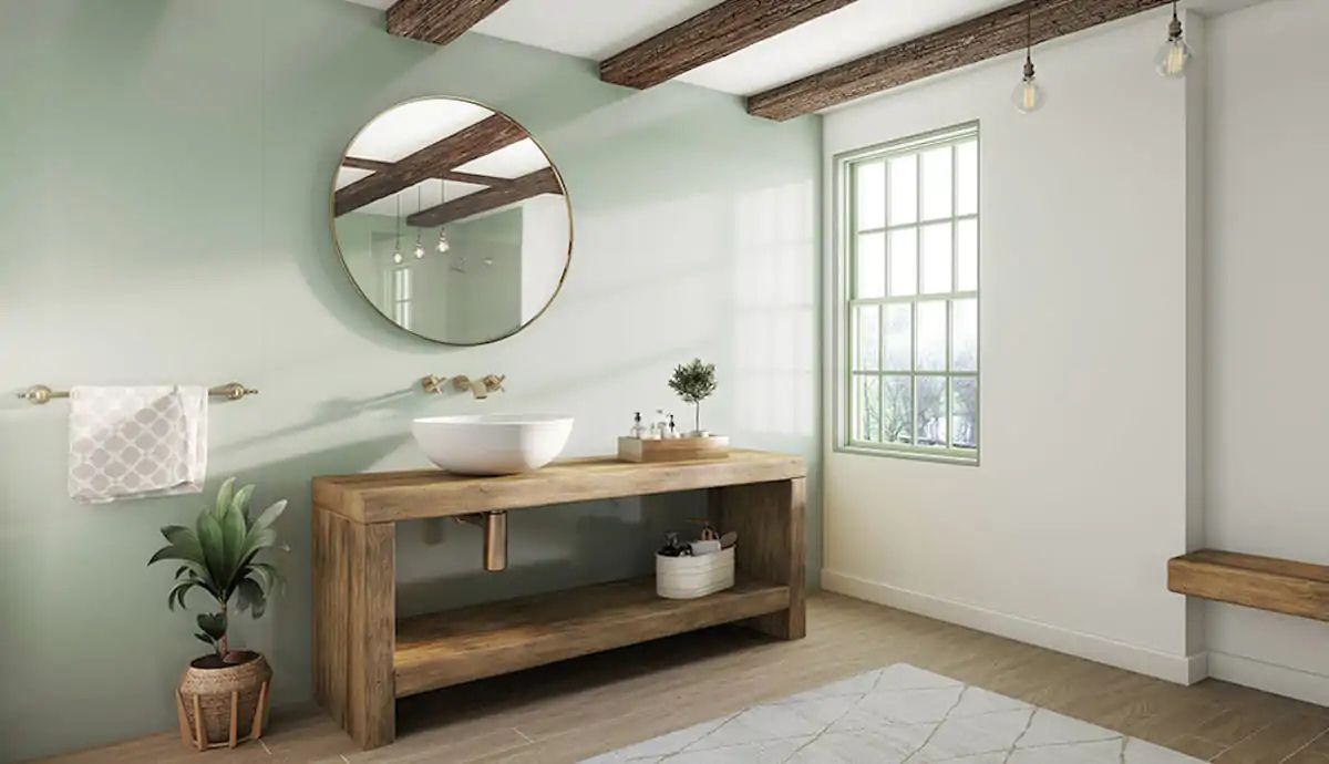 Bathroom wall finished in a solid-colour gloss acrylic panel