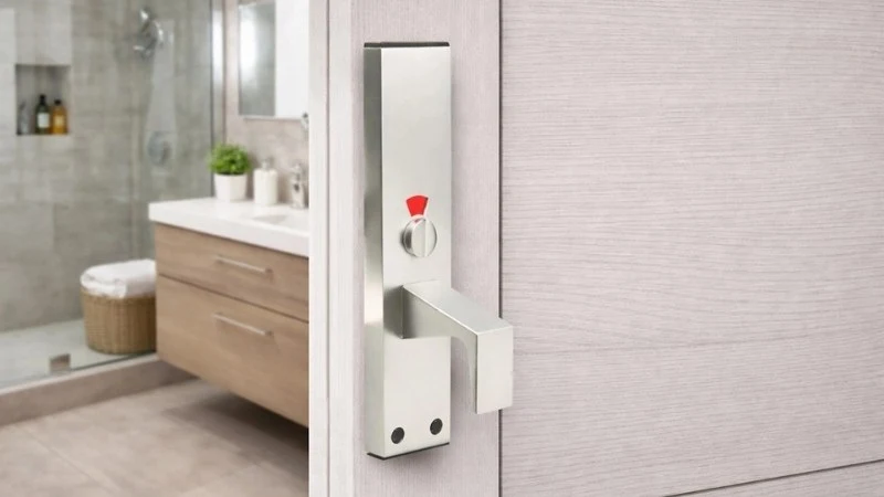 Accessible toilet door lock with large thumb turn and occupancy indicator