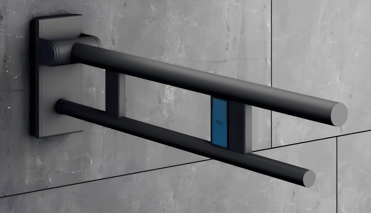 Contemporary bathroom with integrated grab rails and folding support arms