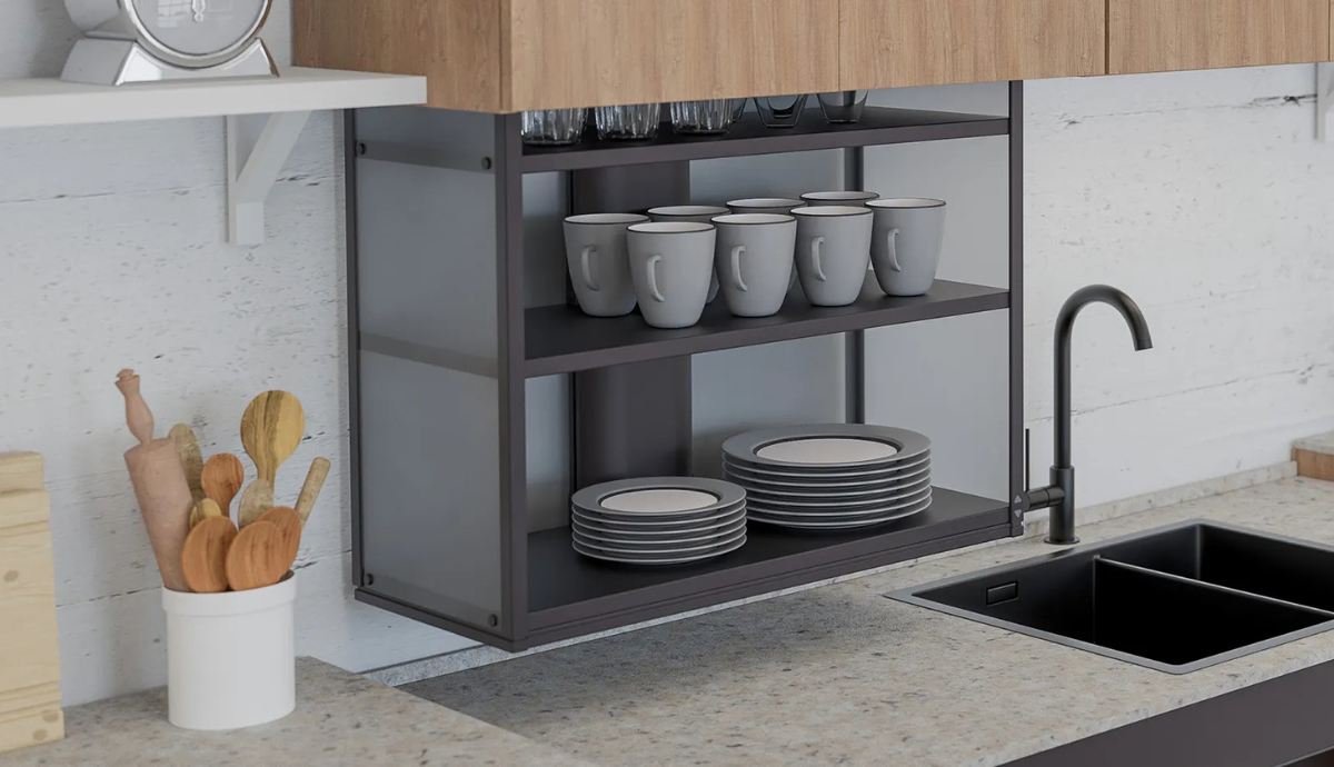 Kitchen wall cabinet lift lowering storage into reach