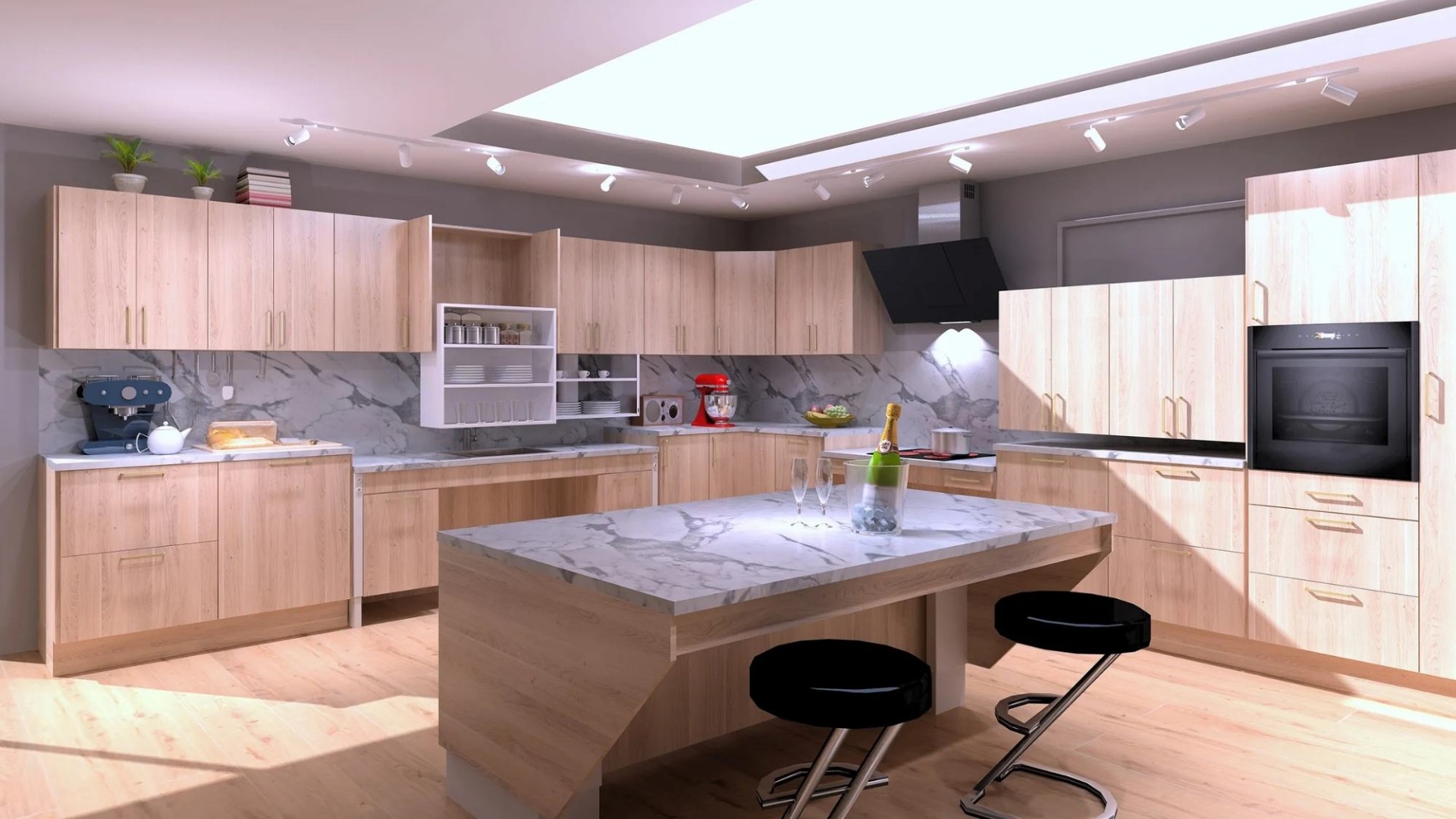 Height adjustable accessible kitchen with movable worktop and island