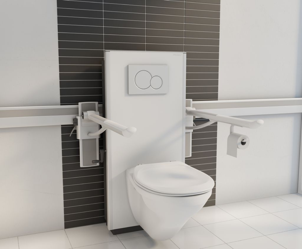 Pressalit PLUS counterbalanced support arms mounted on a SELECT TL2 toilet lifter