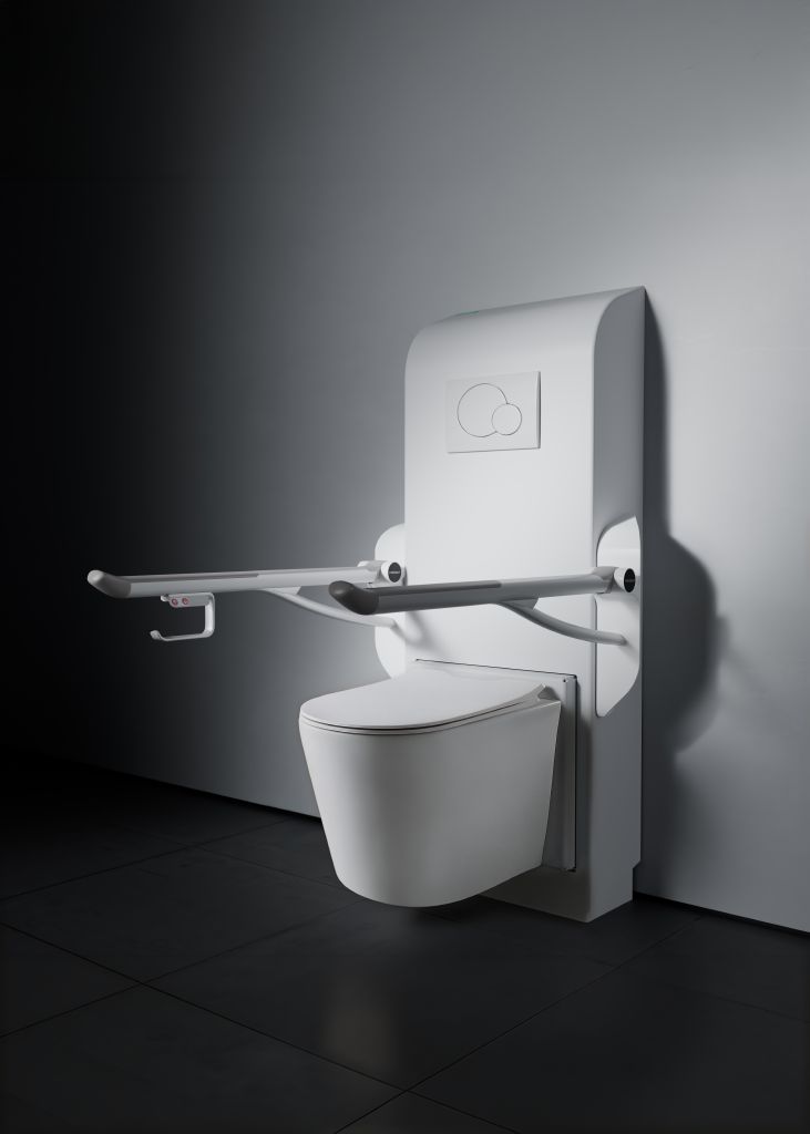 Pressalit height adjustable toilet lifter in an accessible bathroom